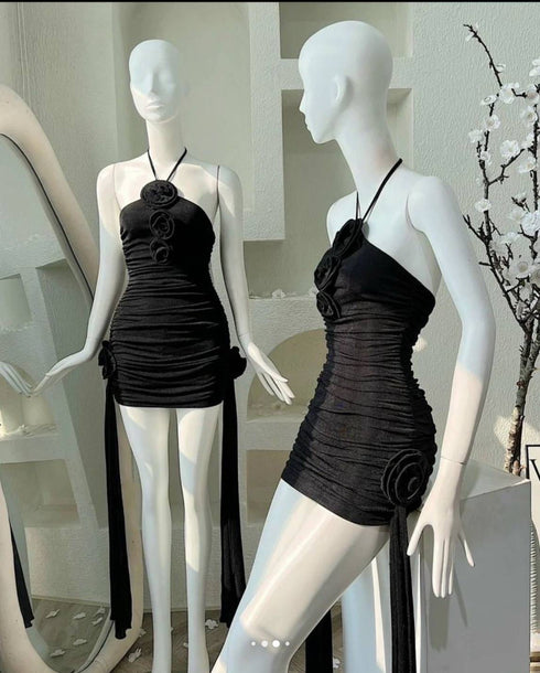 Ruched Bodycon Tie Halter-neck Sleeveless Shorts Dress